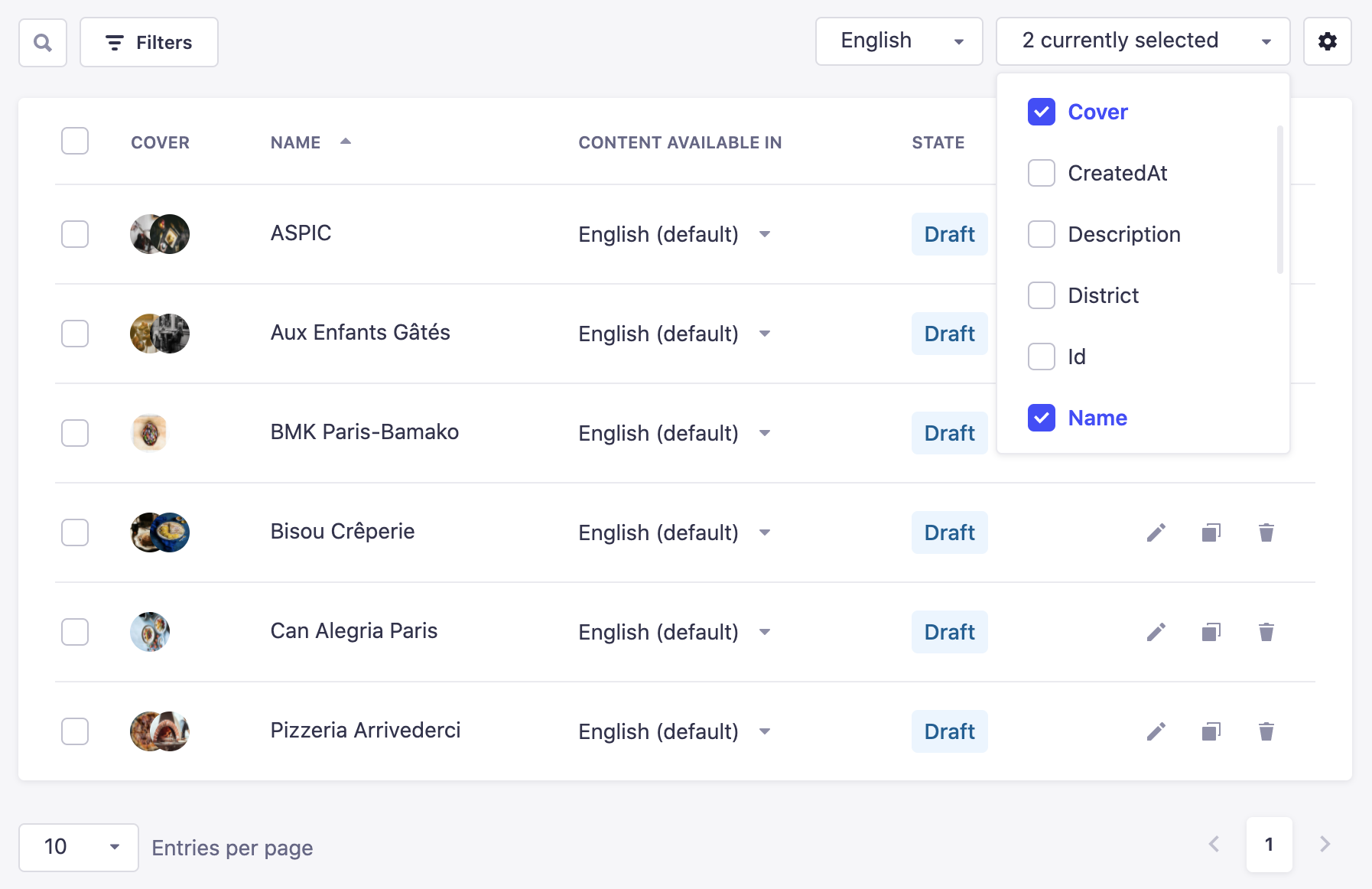 Displayed fields in the settings of a list view in the Content Manager